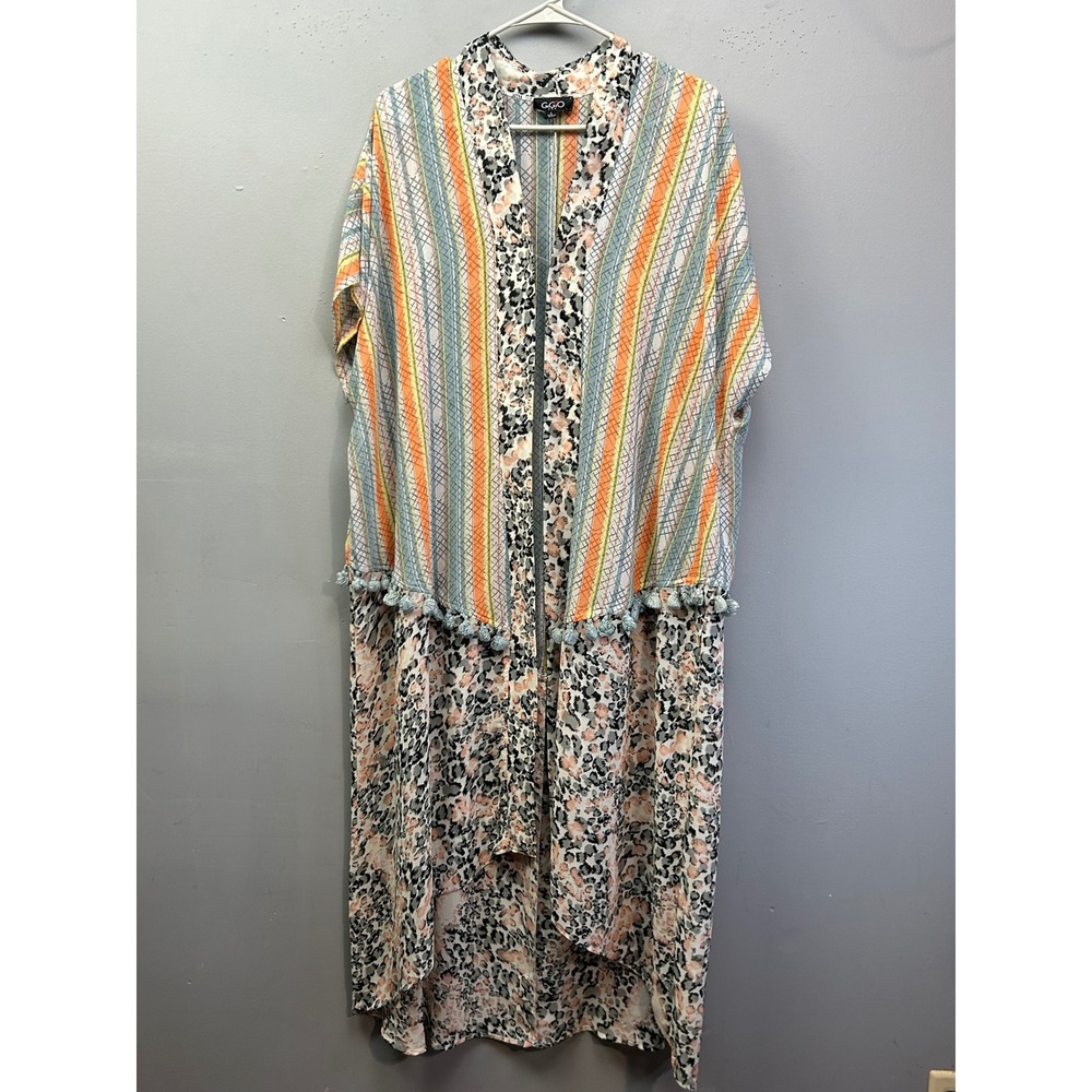 Gigio Kimono Women Large Multi Mixed Print Pom Pom Trim Duster‎ Boho Floral